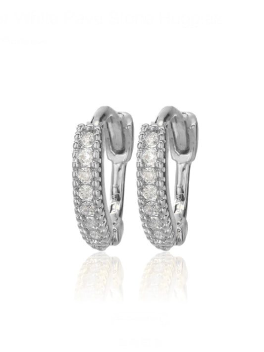 Silver White Pave Stone Huggies