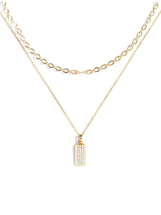 Double Layer Textured Chain + Open CZ Pendant Necklace | Gold