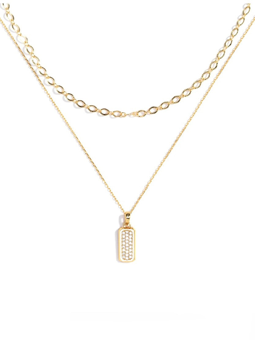 Double Layer Textured Chain + Open CZ Pendant Necklace - Gold
