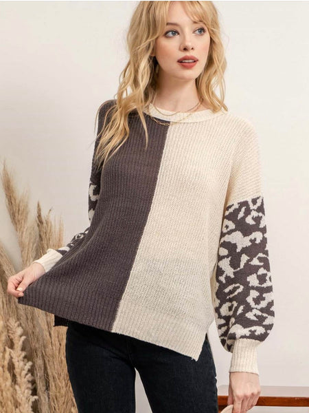 Briar Leopard Colorblock Knit Sweater - Charcoal Multi