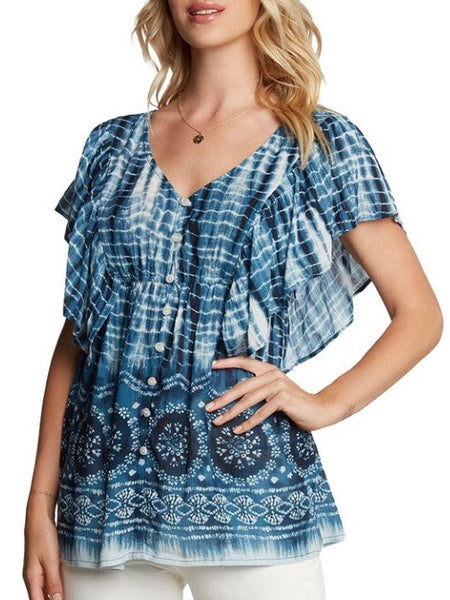 BL131620 Blue Acid Wash Button-Down Flowy Top with Ruffled Sleeves