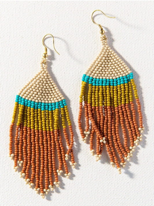 Rust Ivory Citron + Turquoise Stripe Fringe Earrings