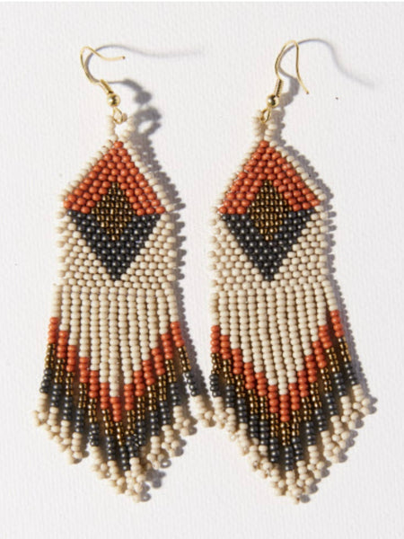 Ivory with Rust Grey Diamond with Fringe Earrings
