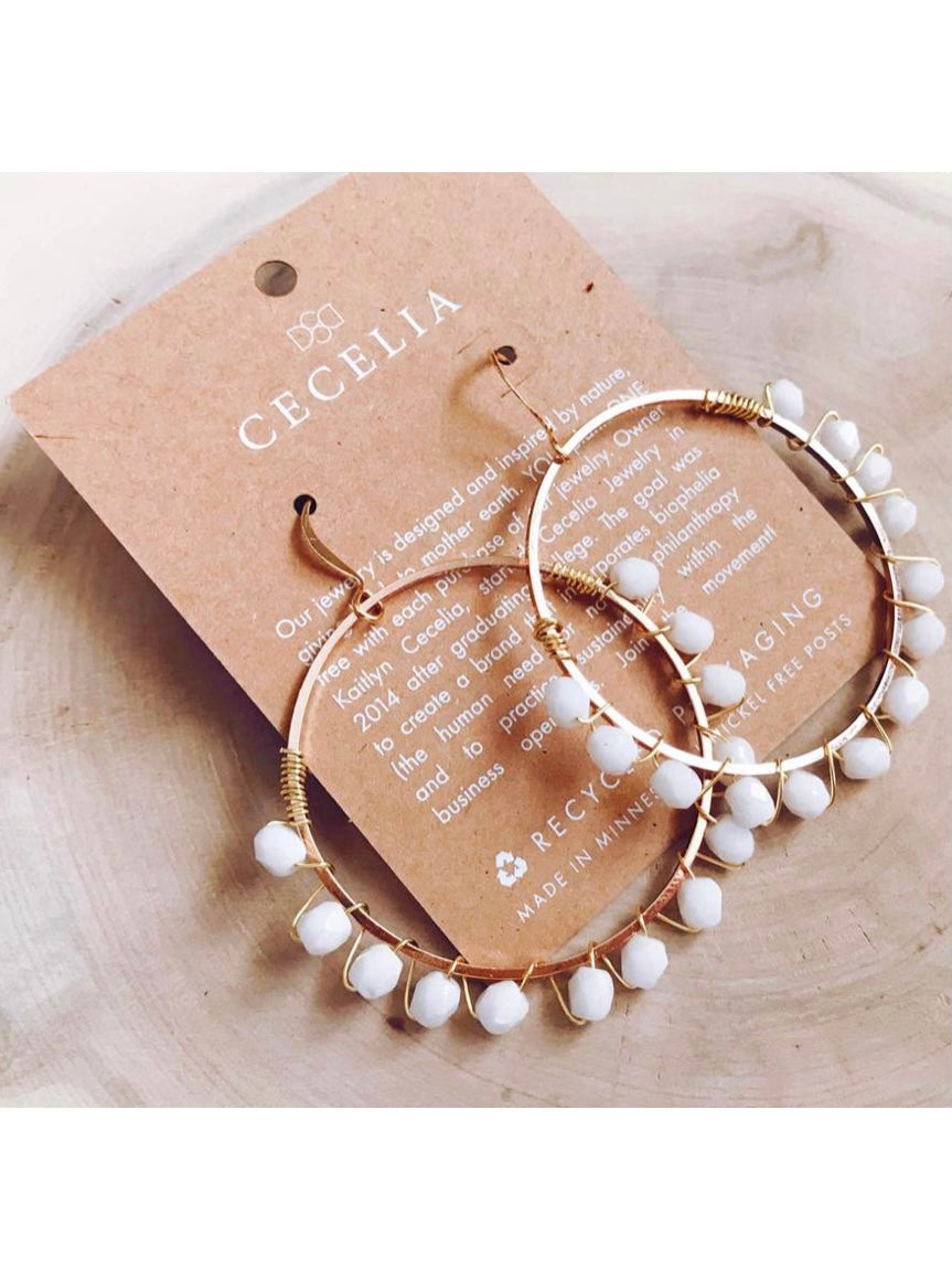 Wire Wrapped Hoop Earrings | White