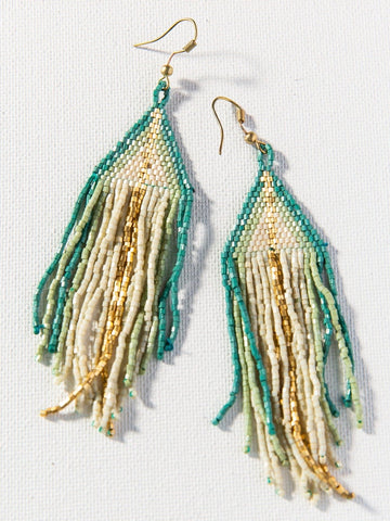 Ivory With Teal Mint Ombre Gold Luxe Stripe Fringe Earrings