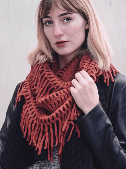 Tassel Knit Fringe Infinity Scarf - Brick