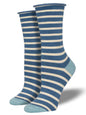 Women’s Bamboo Sailor Stripe Roll Top Socks Blue Heather