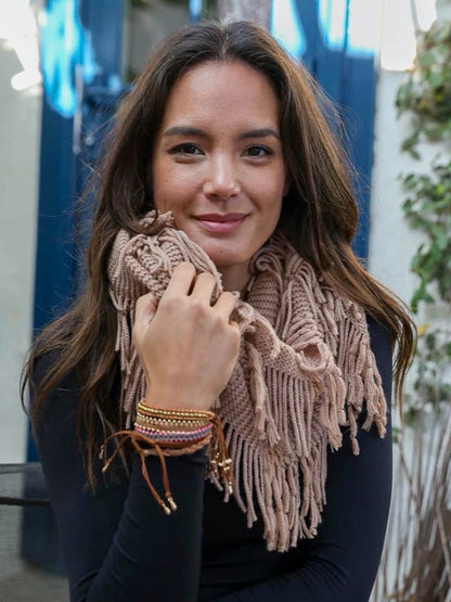 Pointelle Fringe Infinity Scarf - Taupe