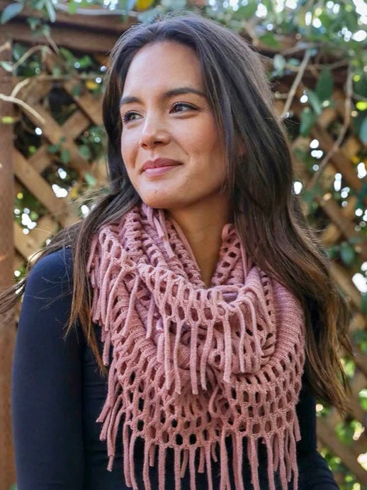 Tassel Knit Fringe Infinity Scarf - Mauve