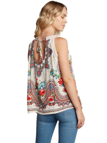 Cream Paisley Floral Print Halter with V-Neck Lace Detail Top