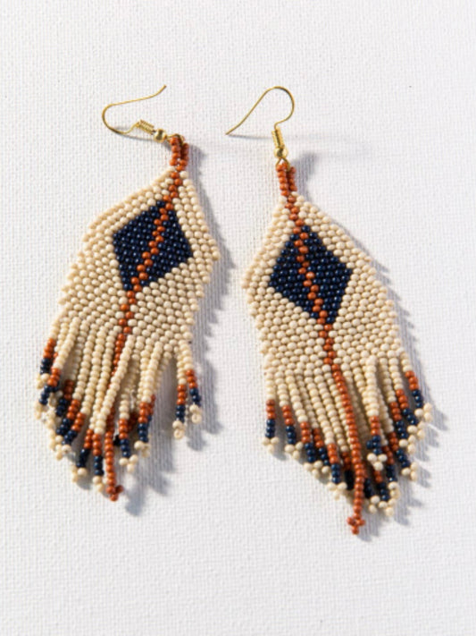 Ivory Navy Rust Diamond with Stripe Fringe Earrings