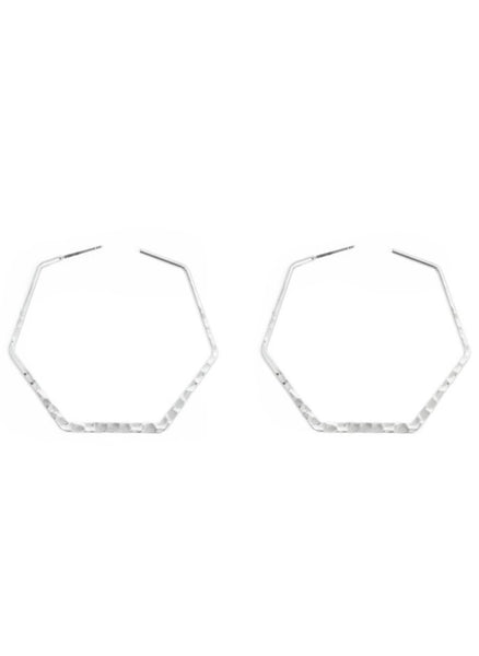 Hammered Hexagon Hoop Earrings (Silver)